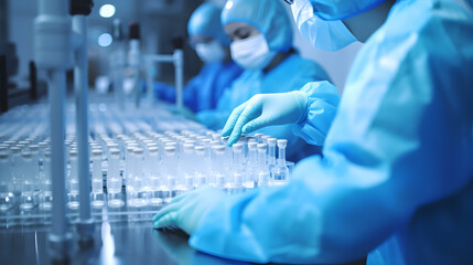 scientist working in laboratory, Staff check Medical vials on production line at pharmaceutical factory, Pharmaceutical machine working pharmaceutical glass bottles production line - obrazy, fototapety, plakaty