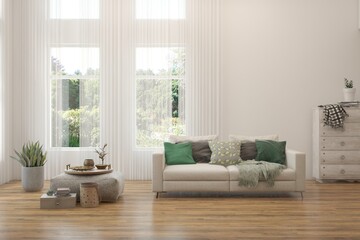 Fototapeta premium White living room with sofa and summer landscape in window. Scandinavian interior design. 3D illustration