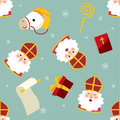 Seamless St Nicholas day pattern with cute sinterklaas and horse