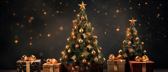 Fototapeta na wymiar christmas gift and christmas tree lighting in dark room with blurred bokeh. generative ai