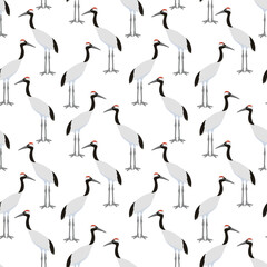 vector drawing seamless pattern with bird, hand drawn red-crowned crane, hand drawn natural background