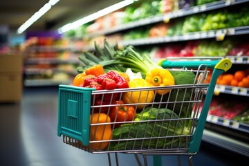 Shopping cart in grocery store full of fruits and vegetables - obrazy, fototapety, plakaty