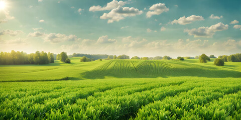 Fresh green field with corn growing. Farming countryside background. Green field and blue sky.