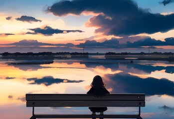 夕暮れの湖とベンチに座る少女のシルエット