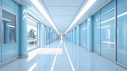 Empty modern hospital corridor background. Clinic hallway interior. Soothing ambiance in modern hospital corridor. Healthcare and medical center background. Contemporary corridor design.