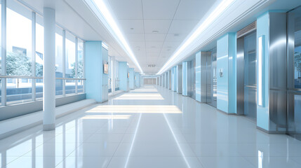 Empty modern hospital corridor background. Clinic hallway interior. Soothing ambiance in modern hospital corridor. Healthcare and medical center background. Contemporary corridor design.