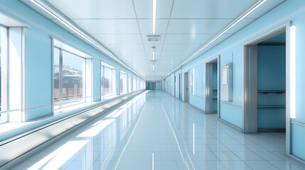 Empty modern hospital corridor background. Clinic hallway interior. Soothing ambiance in modern hospital corridor. Healthcare and medical center background. Contemporary corridor design.