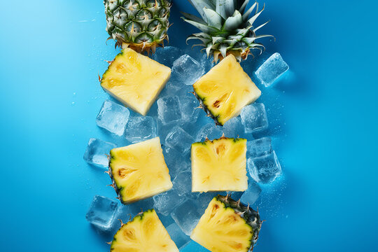 Generative AI Image of Pineapple Slices with Ice Cubes on Blue Background