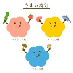 かわいい手描きの三大うま味成分のキャラクターJPG