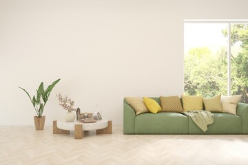 Fototapeta premium White living room with sofa. Scandinavian interior design. 3D illustration