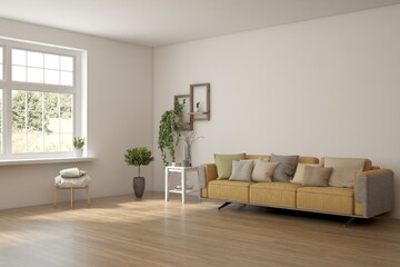 White scandinavian interior design with sofa. 3D illustration