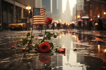American flag and rose at the 911 memorial world trade center, New York - obrazy, fototapety, plakaty