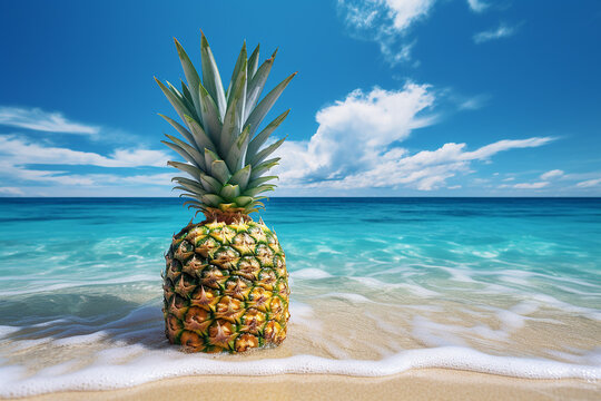 Generative AI Image of Pineapple Fruit on the Beach in Summer