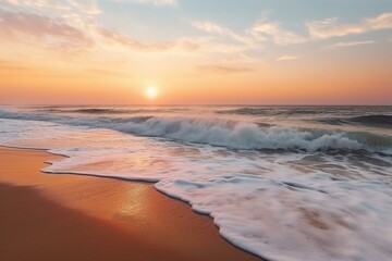 Stunning sunset seascape with panoramic sea and sandy beach view, foam-filled waves, and tranquil ocean beauty. Generative AI