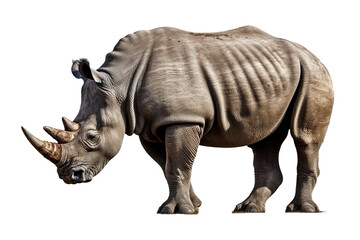 Isolated side view of walking rhino on transparent background. generative ai - obrazy, fototapety, plakaty