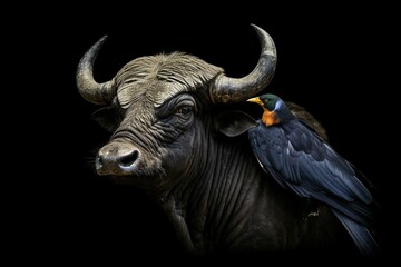 Naklejka premium African buffalo with a starling on its horns against a black background. Generative AI