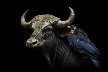 Foto op Canvas African buffalo with a starling on its horns against a black background. Generative AI © Frankie