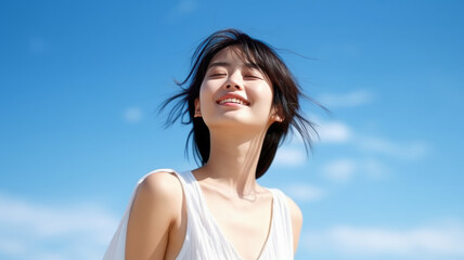 Naklejka premium Young Japanese woman with radiant smile practicing yoga outdoors