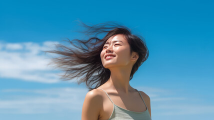 Young Japanese woman with radiant smile practicing yoga outdoors