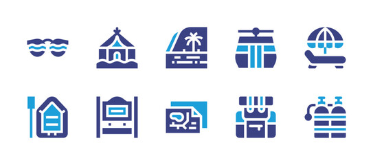 Holiday icon set. Duotone color. Vector illustration. Containing sun glasses, cable car, backpack, boat, palm tree, map, sign, beach, oxygen tank, tent.