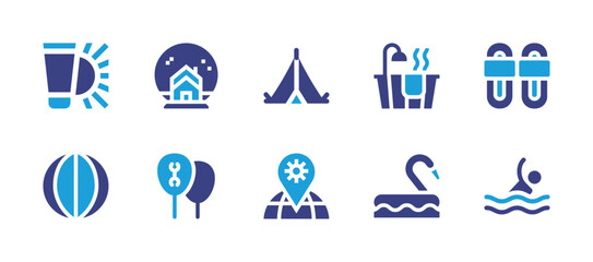 Holiday icon set. Duotone color. Vector illustration. Containing bath, flamingo, snowball, sandals, swimming, sun cream, camping, placeholder, ball, balloon.