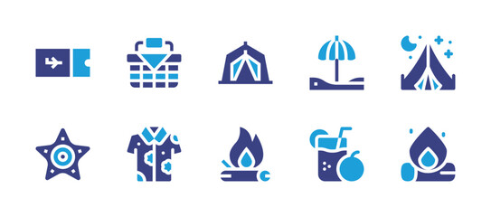 Holiday icon set. Duotone color. Vector illustration. Containing sun umbrella, juice, plane ticket, starfish, picnic, shirt, sandals, swimming, tent, bonfire.