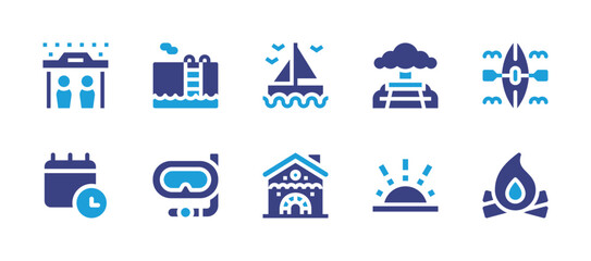 Holiday icon set. Duotone color. Vector illustration. Containing schedule, sailboat, shelter, kayak, picnic, bonfire, sunrise, gingerbread house, swimming pool, diving goggles.