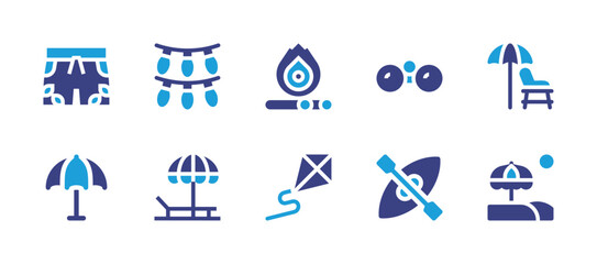 Holiday icon set. Duotone color. Vector illustration. Containing garland, sunbed, lifeguard chair, beach umbrella, binoculars, bonfire, kite, swimsuit, umbrella beach, kayak.