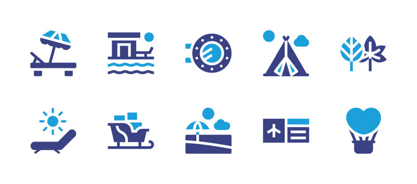 Holiday icon set. Duotone color. Vector illustration. Containing sunbed, leaves, camping, hot air balloon, boarding pass, porthole, beach, swimming pool, sleigh.