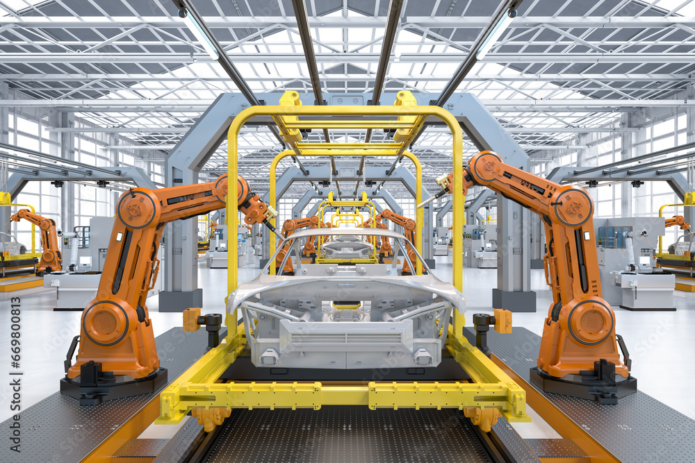 Poster automation automobile factory with robot assembly line manufacture ev car