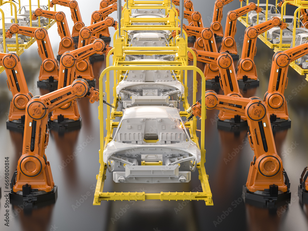 Poster automation automobile factory with robot assembly line manufacture ev car
