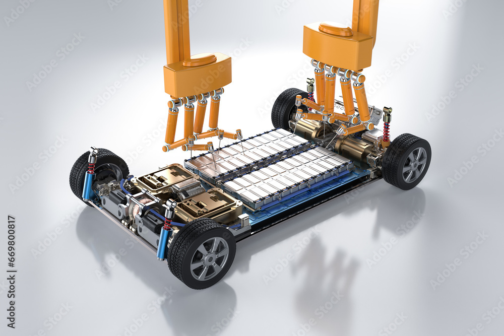 Poster automation automobile factory with robot assembly line manufacture ev car