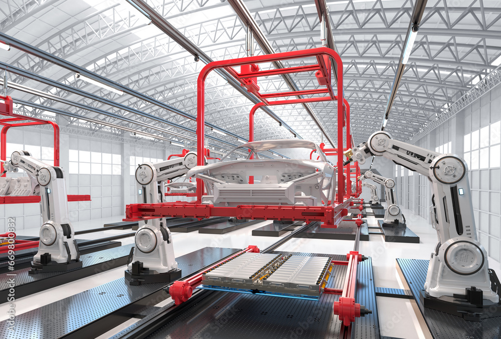 Poster automation automobile factory with robot assembly line manufacture ev car
