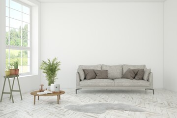 White living room with sofa and summer landscape in window. Scandinavian interior design. 3D illustration