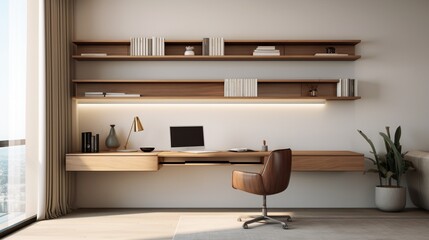 Fototapeta na wymiar A sleek and minimalistic home office with a floating desk, wall-mounted shelves, and a leather swivel chair, designed for focused productivity and creativity