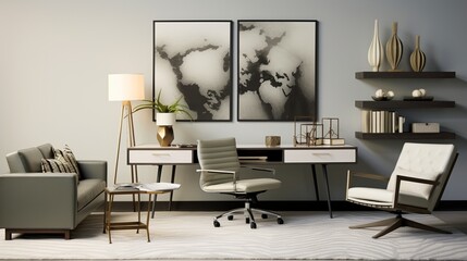 A sleek and modern office space with clean lines and a palette of cool steel gray, soft ivory, and touches of muted olive