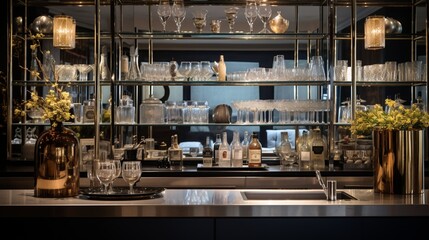 A sleek and stylish bar area with a mirrored backdrop, elegant glassware, and a well-stocked liquor...