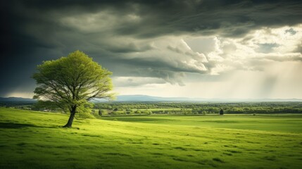 Fototapeta na wymiar Free photo of a Springtime Beauty: A Scenic Landscape with Dramatic Sky and Lush Meadows