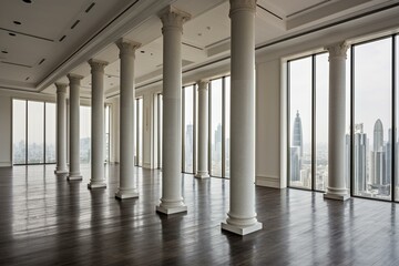 Spacious hall with pillars and urban skyline. Generative AI
