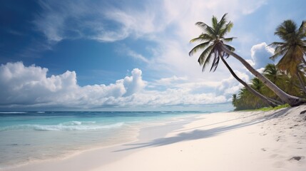 Fototapeta premium Beach Haven White Sandy Shore, Cloudy Sky, Palm Tree, and Rolling Waves