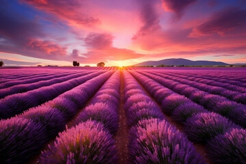 Beautiful sunset sky over rows of purple lavender in a field