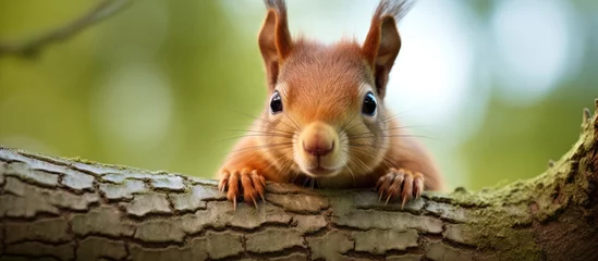 Foto op Canvas Red brown squirrel on tree branch looking at camera © AkuAku
