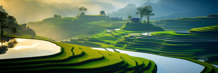 High panoramic view of beautiful green rice paddy fields in Asia. Stunning travel background - obrazy, fototapety, plakaty