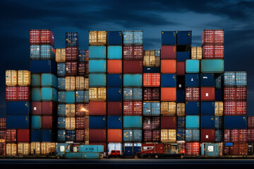 Container Cargo freight ship with working crane bridge at night for Logistic Import Export background