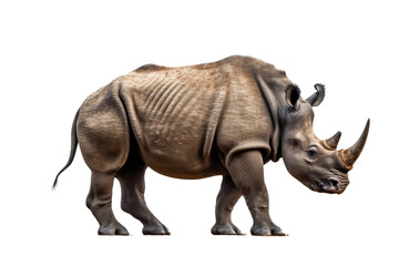Isolated side view of walking rhino on transparent background. - obrazy, fototapety, plakaty