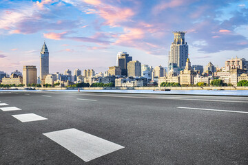 Shanghai city asphalt road and building landscape background