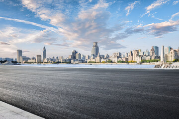 Shanghai city asphalt road and building landscape background