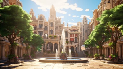 A sun-drenched plaza with a trickling fountain, surrounded by historic buildings with intricate facades - obrazy, fototapety, plakaty