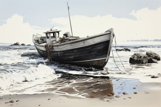 Watercolour painting of Fishing boat on shingle beach landscape with stormy sky