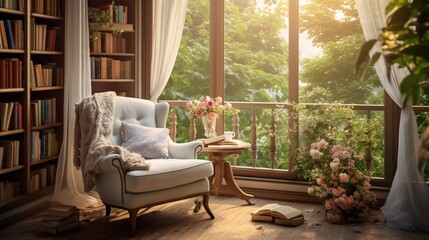 A sun-drenched reading corner with a plush armchair, a floor-to-ceiling bookshelf, and a cascading sheer curtain, offering an inviting space for literary escape - obrazy, fototapety, plakaty